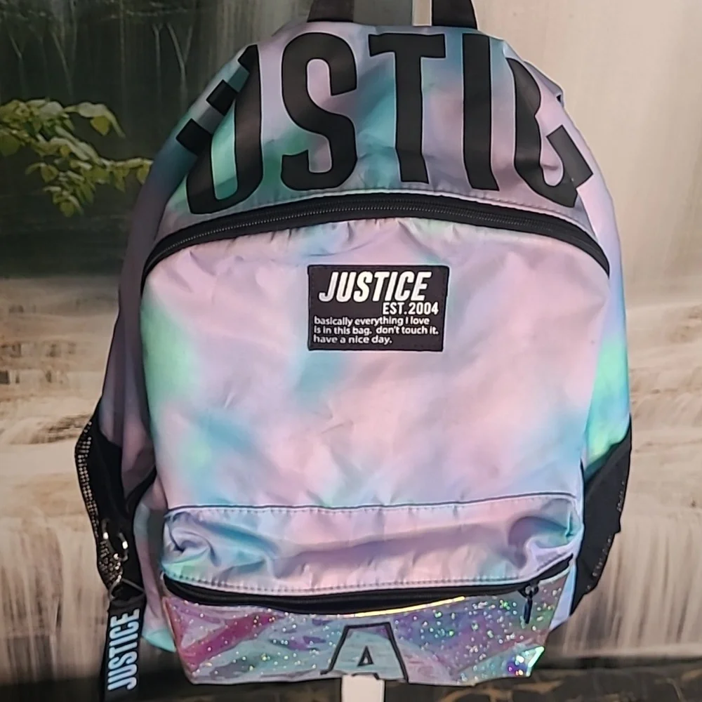 Justice shiny metallic purple pink pastel Backpack A initial